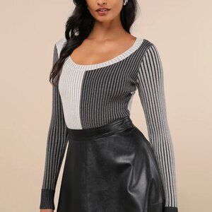 Lulus Mod Cutie Grey Color Block Ribbed Long Sleeve Bodysuit